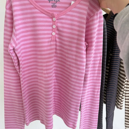 Pink Striped Slim Long Sleeve Tees Women Spring Casual Cotton O-neck Tshirt New Tops Clothes Sweet Cute  Vintage T-shirts Y2K