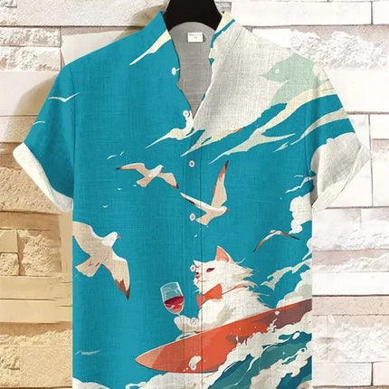 Summer Men's Retro Cartoon Anime Cat Theme Short Sleeve Shirt Short Sleeve Tops Fashion Casual Vacation Streetwear Men's Shirt