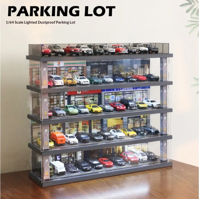 1:64 Scale Parking Garage Model & Dust-Proof Display Shelf - Car Model Diorama, Collectible Vehicle Storage Rack (no car)