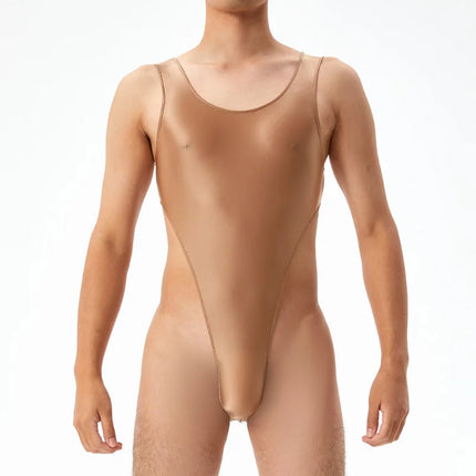 Mens Sexy Bodysuit Oil Glossy Silky Swimsuit Perspective T Crotch Tights High Elastic Large Size Seamless High Fork Swimwear