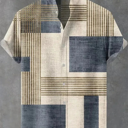 New men's short sleeved linen shirt with geometric pattern 3D printing, Hawaii casual vacation fashion lapel button top