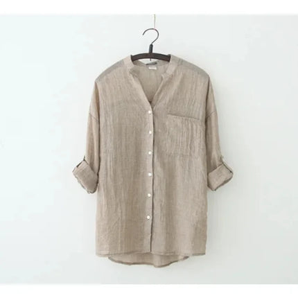 Plus-size Women Long-sleeved Shirt - linen Women's Top, Simple Solid Color Retro Shirt, 2025 Summer Korean-style Clothing