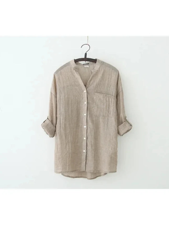 Plus-size Women Long-sleeved Shirt - linen Women's Top, Simple Solid Color Retro Shirt, 2025 Summer Korean-style Clothing