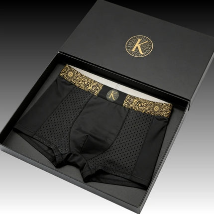 Men's Ice Silk Boxer Briefs Black Gold Baroque Waistband Breathable Quick-Dry Sports Trunks Plus Size 6XL Summer Cool Underwear