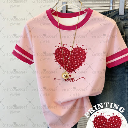 26 Women's Short Sleeve Valentine's Day LOVE Red Heart Print T-Shirt Girl Round Neck Tee Outdoor Sports Adult Women's T-Shirt
