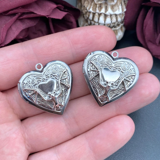 2pcs Bat Heart Locket Charms Stainless Steel Heart Photo Frame Pendant Designer Charms For Jewelry Making DIY Jewelry Findings
