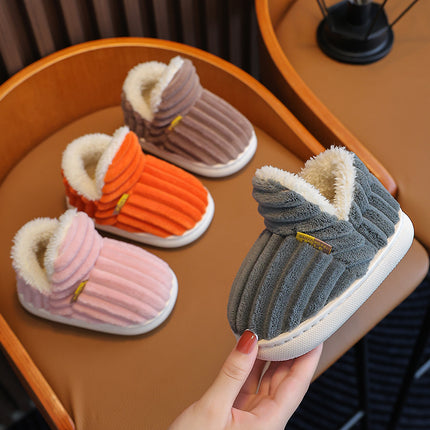 New Winter Simplicity Stripe Plush Slippers Children's Non-slip Soft Sole Kids Boys Girls Heel Wrap Warm High Home Cotton Shoes