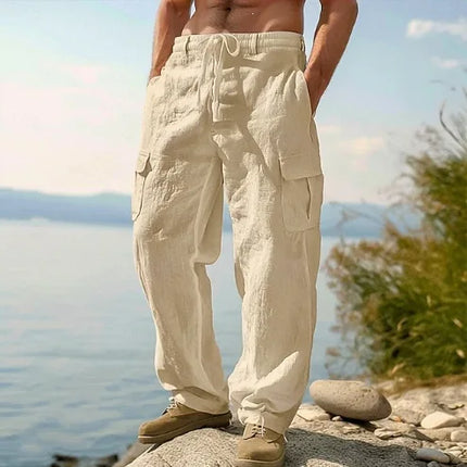 2026 Summer Men'S Cotton And Linen Pants Multiple Pockets Breathable Loose Drawstring Straight Leg Pants Sports And Casual Pants