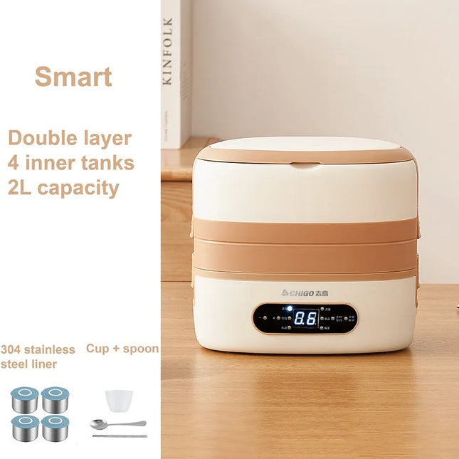 300W Smart Electric Lunch Box 304 Stainless Steel Food Insulation Bento Lunch Box Portable Office Fast Heating Food Heater 2L
