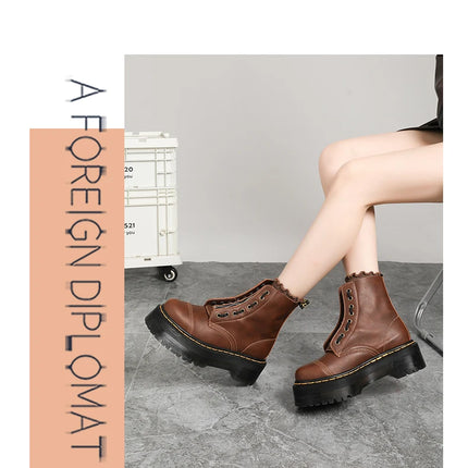 Women Boots Genuine Leather Platform Boots Motorcycle Shoes Front Zipper Optical Soles Fashion Sexy Punk Luxury Men Winter Boots