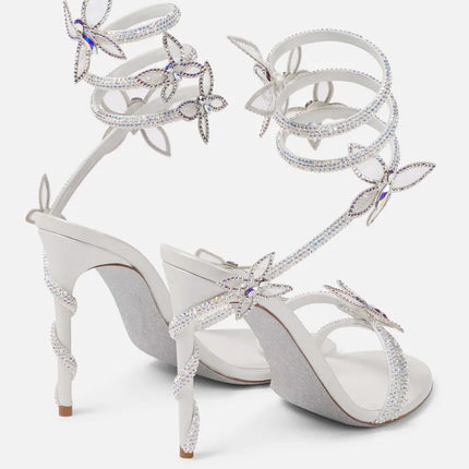 Luxury Crystal Embellished Butterfly Detail Women Sandals Sexy Coiled Strap Thin High heels Gladiator sandals Summer Party Shoes