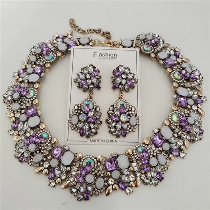 2025 New Fashion Crystal Rhinestones Large Collar Choker Necklace Earrings Women Jewelry Sets Indian Statement Wedding Necklace