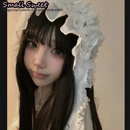 Women Subcultural Y2K Girl Long Eared Rabbit Doll Lace Up Headband Gothic Lolita Hair Clip Lace Ruffle Bunny Band