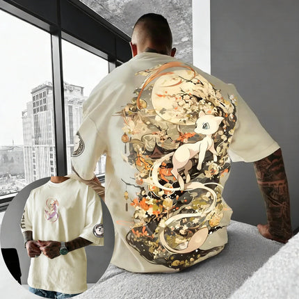 Pokemon   Anime Mew Printed Cotton T-shirt Summer Men's and Women's Loose Casual Street Hip-hop Versatile Short Sleeved Top