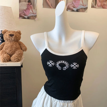 Korean Sweet Spicy Sleeveless Print Vest Women Summer Short Fit Inner Wear Strap Design Commute Top Casual Daily Girl