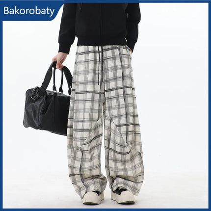 Spring Casual Plaid Striped Straight-leg Pants For Man High Street Fashion Corduroy Drawstring Trousers Y2K Retro Sweatpants