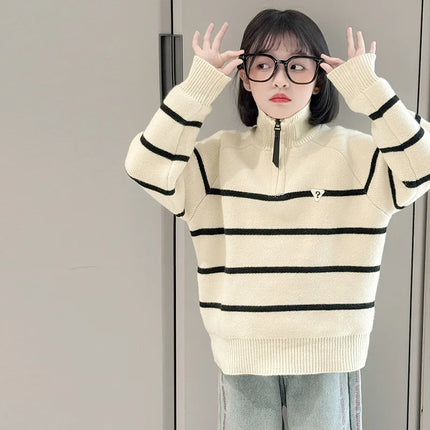 Kids New Design Striped Polo Sweater with Half Zipper For Teens Girl Turtleneck Knitwear Children Autumn Knitted Pullover Outfit