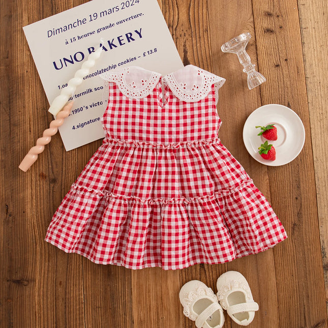 Korean Style Toddler Dress Strawberry Embroidery Red Baby Girl Sleeveless Check Dress for Kids Girl Casual Outdoor Dress