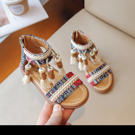 Girls Sandals Ethnic Retro Children Fashion Casual Shoes Tassels 2024 Back Zipper Summer New Sandals Kids Pattern GLADIATOR Cute