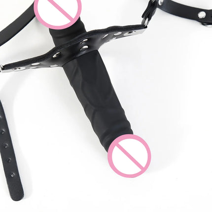 BDSM Leather Head Harness Double Ended Silicone Dildo Mouth Gag Slave Bondage Mask Adult Sex Toy Role Play Fetish Gear Tools