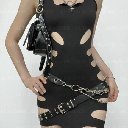 AltGoth Harajuku Gothic Dark Dress Women Streetwear Cyber Punk Y2k E-girl Grunge Sexy Hollow Out High Waist Bodycon Dress Female
