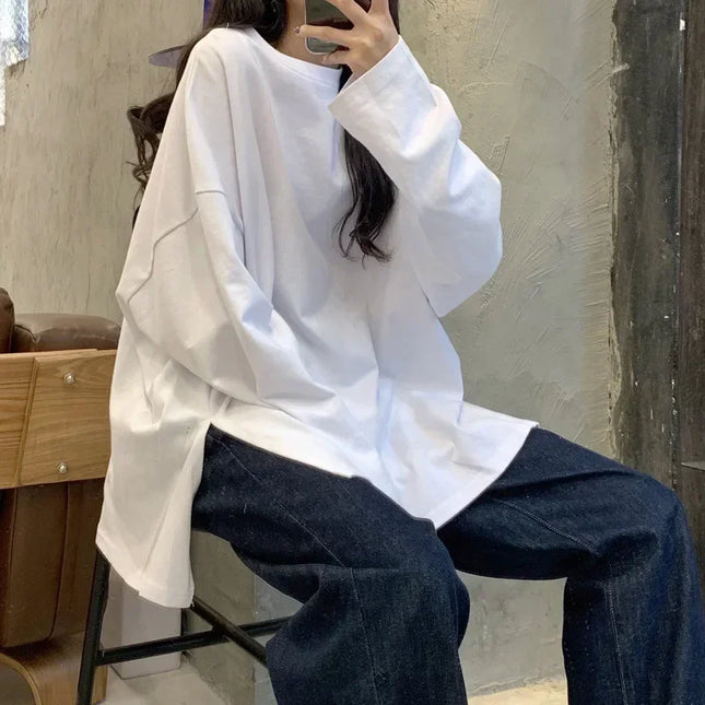Harajuku Long T-Shirt Spring Autumn Solid Simple Oversized T-shirt for Women Goth T-shirts Split White Black Long Sleeve Tops