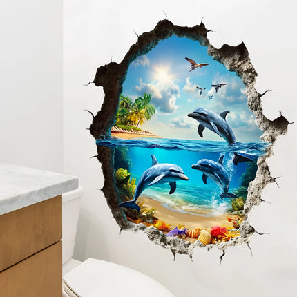 3D Wall Breaking Wall Stickers Living Room bathroom Wall Decor Boys Children's Room Underwater World Wall Stickers
