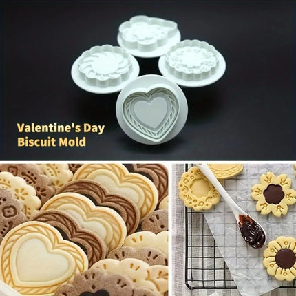 4pcs 3D Heart & Flower Cookie Cutter Mold Set Jam Sandwich Cookie Molds for Baking Valentine's Day Christmas Easter DIY Biscuit