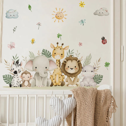 Cartoon Cute Africa Animals Leaves Wall Stickers Watercolor Elephant Giraffe Monkey Kids Room Kindergarten Home Decoration