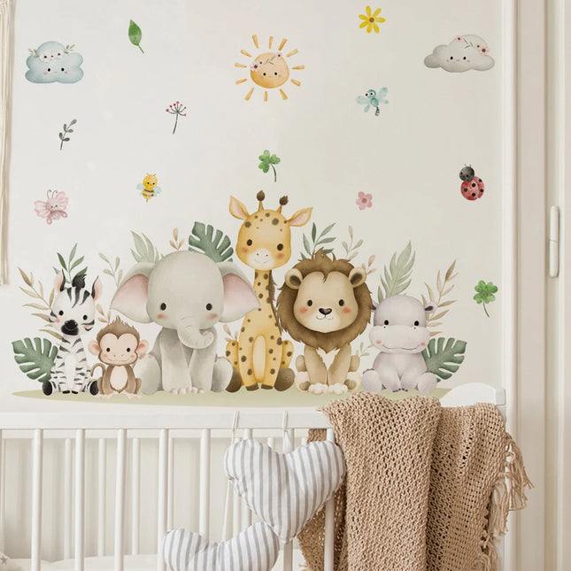 Cartoon Cute Africa Animals Leaves Wall Stickers Watercolor Elephant Giraffe Monkey Kids Room Kindergarten Home Decoration