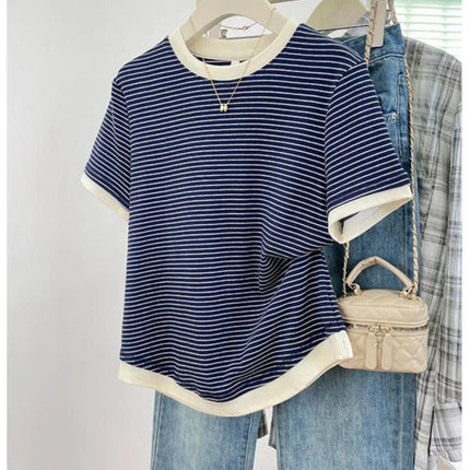2026 New Women's Loose Fit Casual Stripe Short Sleeve T-Shirt Comfortable Breathable Cotton Polyester Blend Summer Top