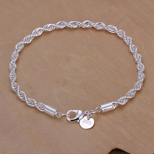 top quality 4MM Rope chain Silver color Jewelry fashion Twisted Bracelet for women men lady wedding gifts cute with