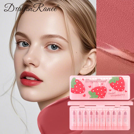 Dragon Ranee Matte Velvet Pink Strawberry Translucent 10 Pieces Lipstick Set Waterproof Sweatproof Non-Stick Lipstick Set