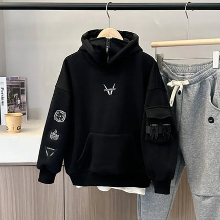 Stylish Boys' Fleece-lined Pullover Hoodie Mechanical Buckle Hooded Top Trendy Hip-hop Dance Performance Outfit for Medium Kids