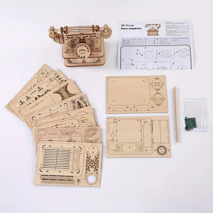 Creative Retro Telephone 3D Wooden Puzzle for Adults Tabletop Model Kits Decoration and Gift for Christmas Birthday