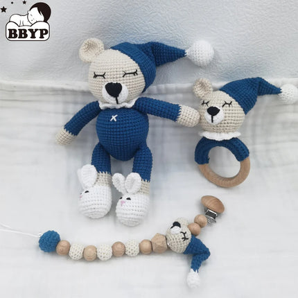 1 Set DIY Crochet Bear Baby Teether Newborn Bunny Rattle Toy Wooden Molar Teething Ring Pacifier Clips Chain Set Baby Stuff