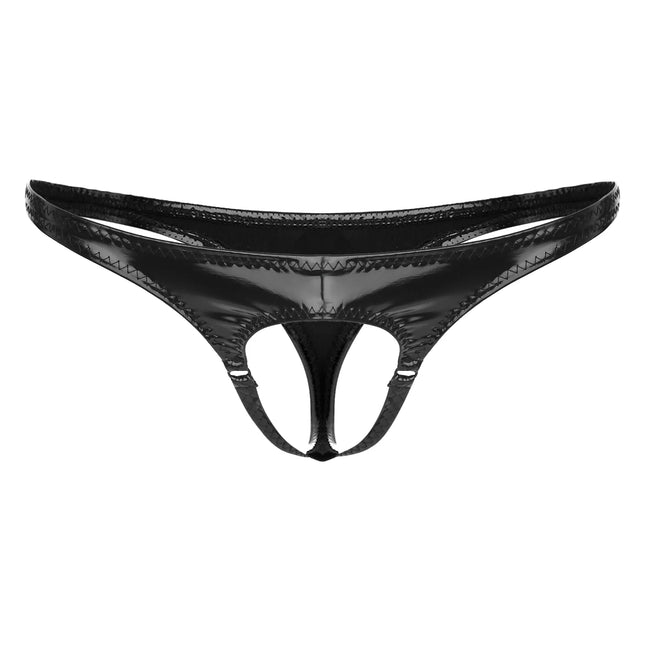 Mens Sexy Patent Leather Lingerie Hollow Out Bulge Pouch Latex Panties Jockstrap T-Back Letter Print Waistband Thongs Underwear
