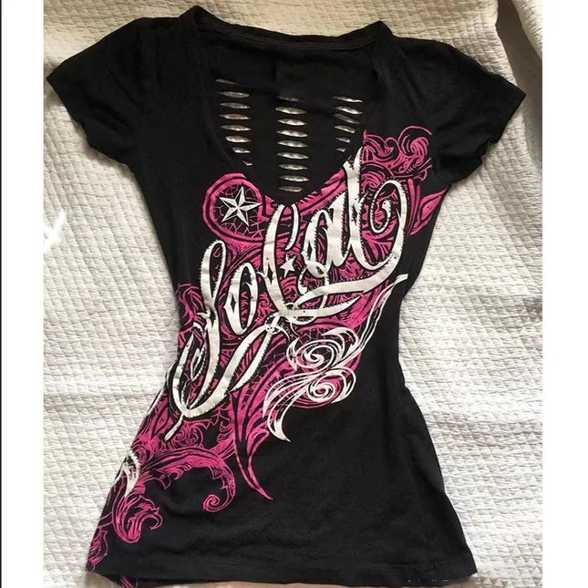 Summer American Vintage Hollow-out Design Clothing Ladies Y2K Punk Tee Slim Short Sleeve T-shirts Gothic Harajuku Chic Print Top