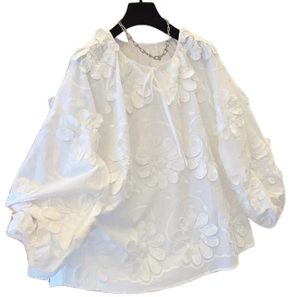 Spring New Flower Embroidered Cotton White Shirt Women Loose Sweet O-neck Long-sleeved Shirts