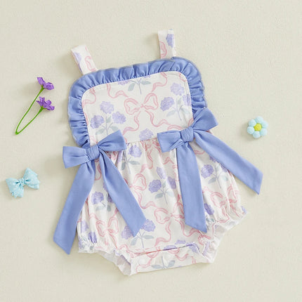 Pudcoco Baby Girl Romper for Summer Loose Fit Flower Bow Print Ruffled Trim Sleeveless Infant Jumpsuit 0-18M