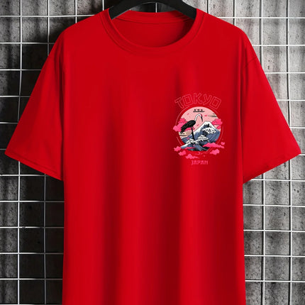 Men's Summer 100% Cotton Tokyo Casual Pattern Printed Fashionable Loose Round Neck Short Sleeve T-Shirt Top