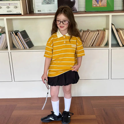 Children's Collar Polo Shirt 2025 Summer Boys and Girls Korean Edition Casual Contrast Striped T-shirt Top