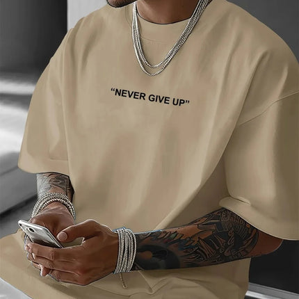 Men's Summer Polyester Fabric Casual Fashion Round Neck T-shirt Never Give Up Pattern Printing Outdoor Loose Top