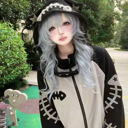Japanese Kawaii Fish Bone Long Sleeve Detachable Hood Women Zipper Y2k Aesthetic Streetwear Hoodies Harajuku Zipper Sweatshirt
