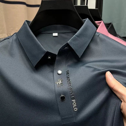 High End Brand New Summer Solid Color Silk Cotton High-quality Short Sleeved Polo Men's Fashionable Business Seamless Casual Top