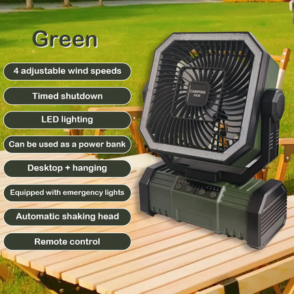 20000 mAh wireless battery-powered camping fan with LED light and remote control, 4 speeds, timer function, USB interface