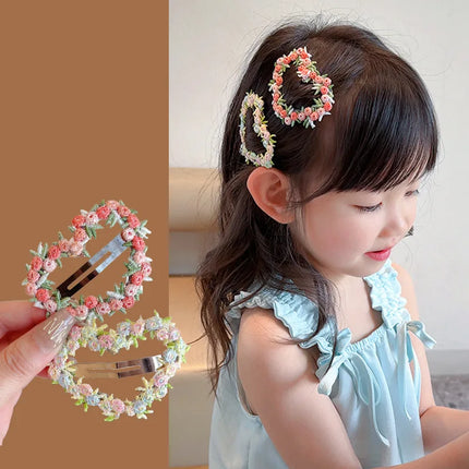 Sweet Flower Embroidery Hair Clips for Girl Love Heart Shaped Hairpins Princess Baby Barrettes Sided Clips Kids Hair Accessories