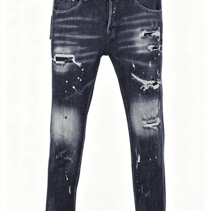 6058 Four Seasons New Men's Wash Grinding Hole Patch Paint Splash Ink Micro-bullet Leg Grey Jeans for Men