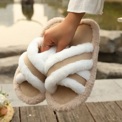 2025 New Furry Slippers Home Women's Fluffy Slides Autumn Winter Indoor Fashion EVA Light Cross Flip Flops Soft Flat Shoes Woman