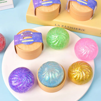 Color Glitter Dumpling Squishes Stress Balls Fidget Sensory Toys Simulation Food Squishies Bun with Steamer Squeeze Dough Gifts